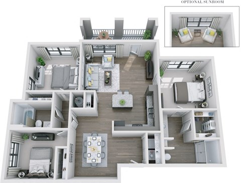 Floor plan for 3 beds, 2 baths, 1354 sqft